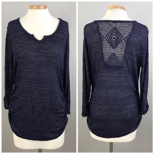 Angels Navy Crochet Back Rouched Side Sweater